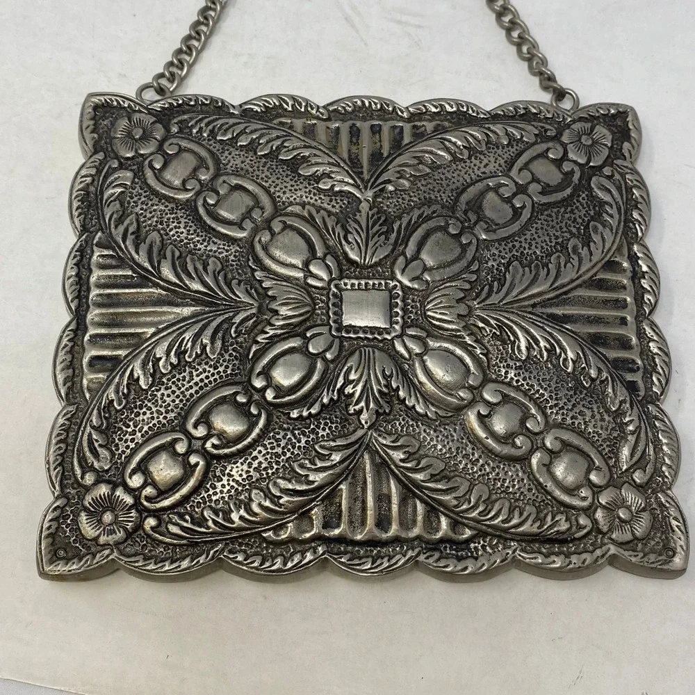 Vintage Silver Tone Ornate Floral Repousse Wall Hanging Mirror with Chain Mount